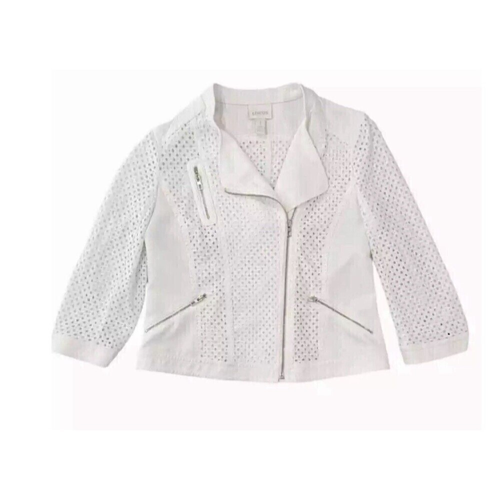 Chico's Women White Crop Jacket Lace Side Zipper 3/4 Sleeve Size S/2